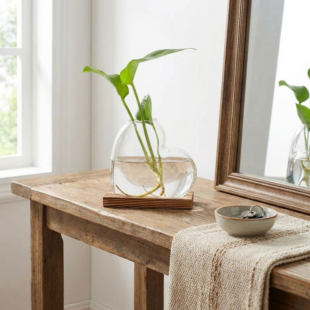 Propagation Station Vase - Przezroczysty szklany wazon hydroponiczny, drewniany stojak,